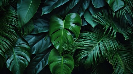 Fototapeta na wymiar Tropical green leaves background, top view, flat lay, Generative AI