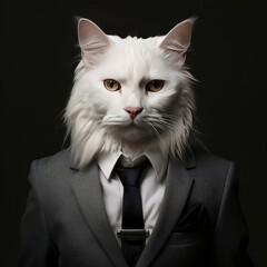 a white cat dressed in a stylish suit and tie, looking dapper and sophisticated