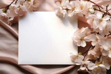 Blank card with cherry blossoms on satin background, Wedding invitation card, Generative AI