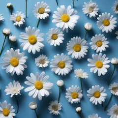 Marvellous Marigolds: Pattern of Daisy-Like Flowers on a Light Blue Background. Generative AI