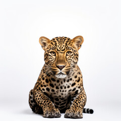 a leopard sitting on a white background