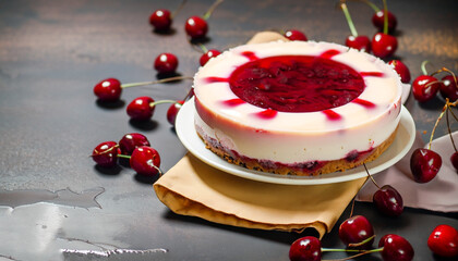 Cold cheesecake with cherry jelly.