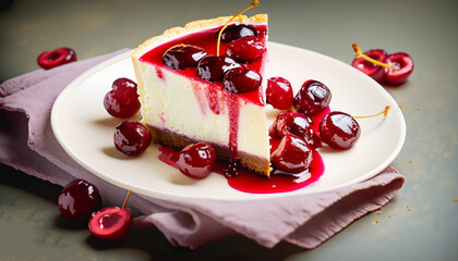 Cold cheesecake with cherry jelly.