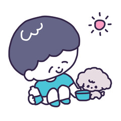 屋外で若い男性にお水をもらっているかわいいトイプードルの子犬のイラスト