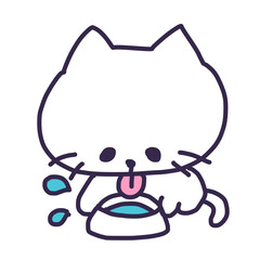 お水を飲んでいるかわいい白い色の子猫のイラスト