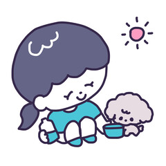 屋外で若い女性にお水をもらっているかわいいトイプードルの子犬のイラスト
