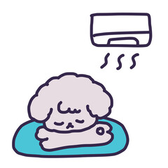 エアコンのクーラーが効いた部屋で寝ているかわいいトイプードルの子犬のイラスト（熱中症対策）