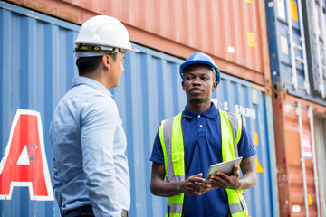 Logistic foreman discussing business work with African contractor worker at container warehouse or construction site.