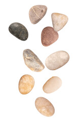 Fototapeta na wymiar Pebble stones flying in the air isolated on white