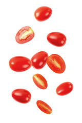 Falling fresh tomatoes on white background
