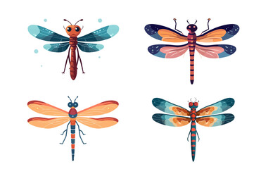 colorful dragon fly flat vector animal set element
