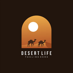 desert cactus camel vector template. sand dunes landscape graphic illustration.