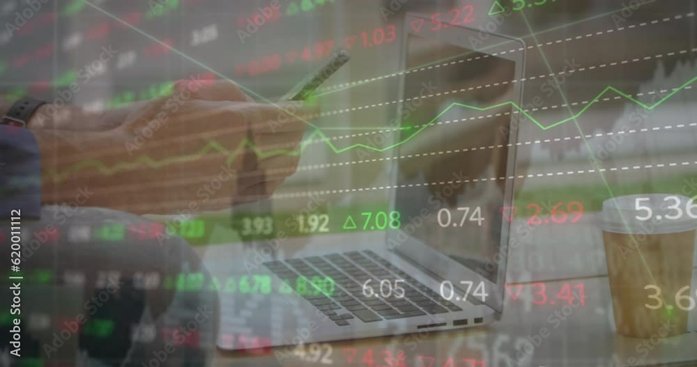 Wall mural animation of lines over multicolored trading board over caucasian man using smartphone