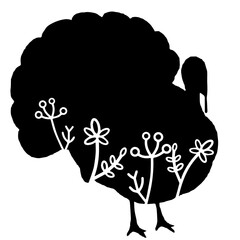Turkey. Vector animal with floral element. Illustration. Animal silhouette. Black isolated silhouette