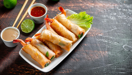 Spring rolls with shrimp with sweet chili sauce. Asian cuisine.