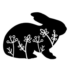 Rabbit. Vector animal with floral element. Illustration. Animal silhouette. Black isolated silhouette