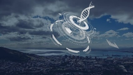 Animation of dna helix on loading circles, aerial view of city, mountains and sea against cloudy sky - Powered by Adobe