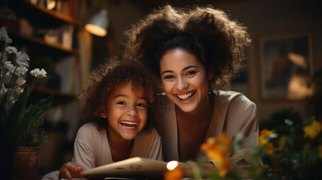 Happy family. Mother teaching daughter. Adult woman helps the child girl.