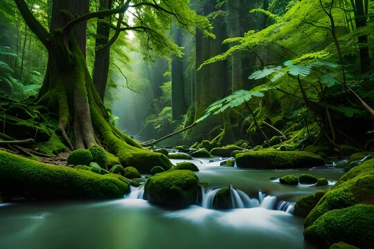 beautiful landscape stream in the jungle  generated by AI tool