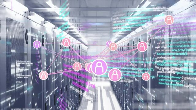 Animation of connected profile icons and computer language over data server room