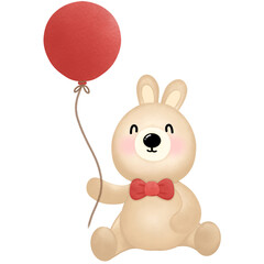 brown rabbit holding a red balloon and a red gift box
