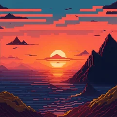 Keuken foto achterwand Minecraft sunset on the sea and montains