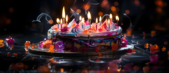 a cake with lots of candles is lit Generated by AI
