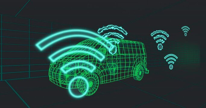 Animation of multiple wifi symbols over 3d truck model moving in seamless pattern in tunnel