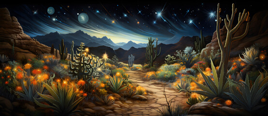 an oil painting of a desert scene with flowers and cacti Generated by AI
