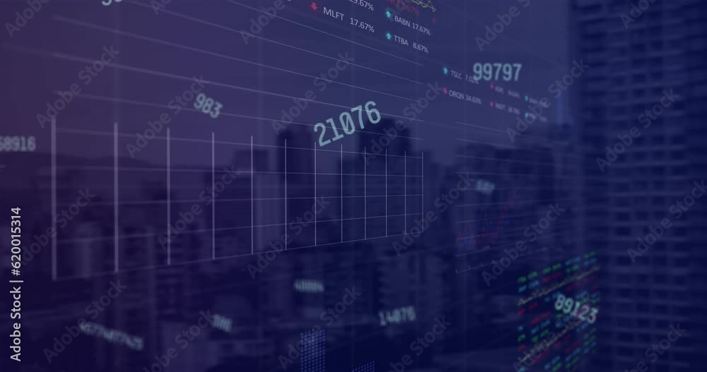 Sticker Animation of changing numbers, statistical and stock market data processing against cityscape