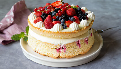 Chiffon cake with summer berries and cream.