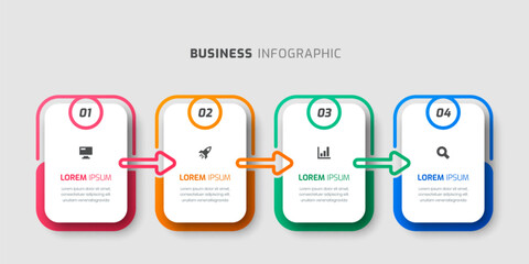 Business Infographic Template with Rectangle Label, Arrows,  4 Numbers and Icon for Presentation