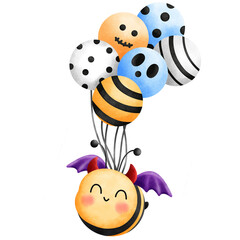 Obraz premium Cute little bee with red horns and balloons.Watercolor animal illustration.