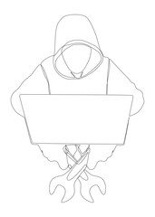One continuous line of Computer Hacker with Laptop and Wrench. Thin Line Illustration vector concept. Contour Drawing Creative ideas.