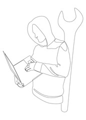 One continuous line of Computer Hacker with Laptop and Wrench. Thin Line Illustration vector concept. Contour Drawing Creative ideas.