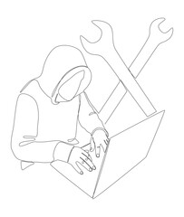 One continuous line of Computer Hacker with Laptop and Wrench. Thin Line Illustration vector concept. Contour Drawing Creative ideas.