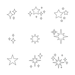 Set of new style black vector star isolated on white. Vector symbols star isolated on white background. Star icons. Twinkling stars. Sparkles, shining. 