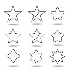 Set of new style black vector star isolated on white. Vector symbols star isolated on white background. Star icons. Twinkling stars. Sparkles, shining. 