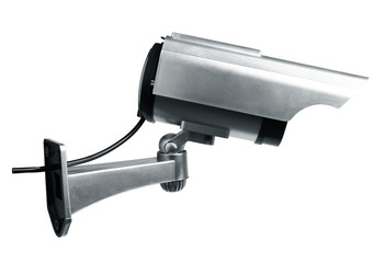 Surveillance CCTV camera isolated on white background. Safety security technology and innovative police criminal alarm protection video and sound voice record equipment surveillance system concept.