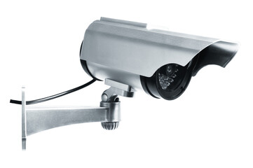 Surveillance CCTV camera isolated on white background. Safety security technology and innovative...