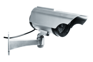 Surveillance CCTV camera isolated on white background. Safety security technology and innovative police criminal alarm protection video and sound voice record equipment surveillance system concept.