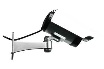 Surveillance CCTV camera isolated on white background. Safety security technology and innovative police criminal alarm protection video and sound voice record equipment surveillance system concept.