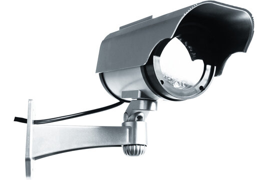 Surveillance CCTV camera isolated on white background. Safety security technology and innovative police criminal alarm protection video and sound voice record equipment surveillance system concept.