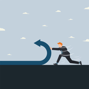 Businessman pushing back arrow symbol, change direction of business concept vector illustration