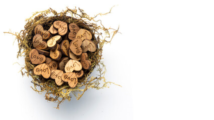 Valentine homemade wooden love hearts for valentine's and lovers in little bird nest made from moss