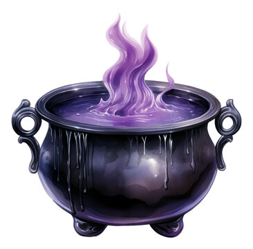 watercolor illustration of a witch's cauldron in black with bubbling purple liquid filling it almost to the top isolated.