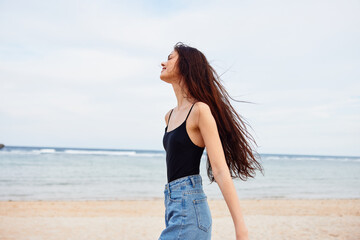 woman smile summer nature sand ocean sea sun beach vacation young