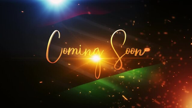 Coming Soon golden text word cinematic title with Pan african flag waving in wind texture and top optical lens flare light and glow bokeh and fire burst cinematic title abstract background 