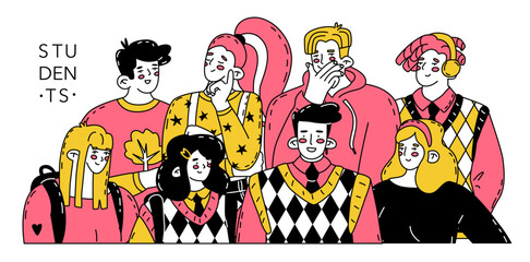 A group of students. Composition of people on the theme of education and university life. Teaching a profession in demand. New generation of young people. Vector illustration.