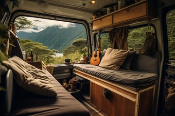 Nomadic adventures: The cinematic view of a stunning camper van evokes a sense of wanderlust and the liberating spirit of travel on the open road. Generative AI